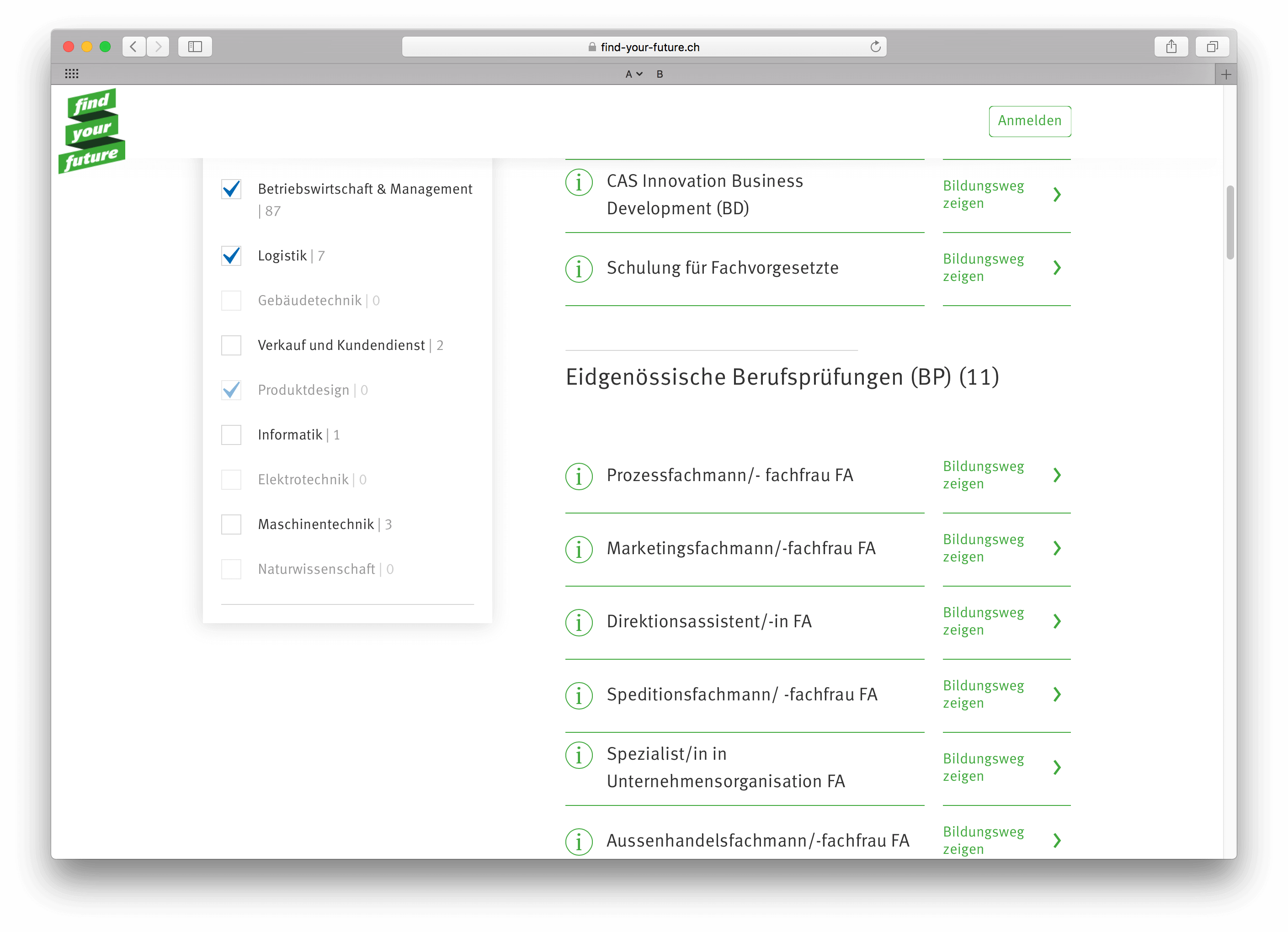 Filterfunktion des Future Finder Tools im Überblick