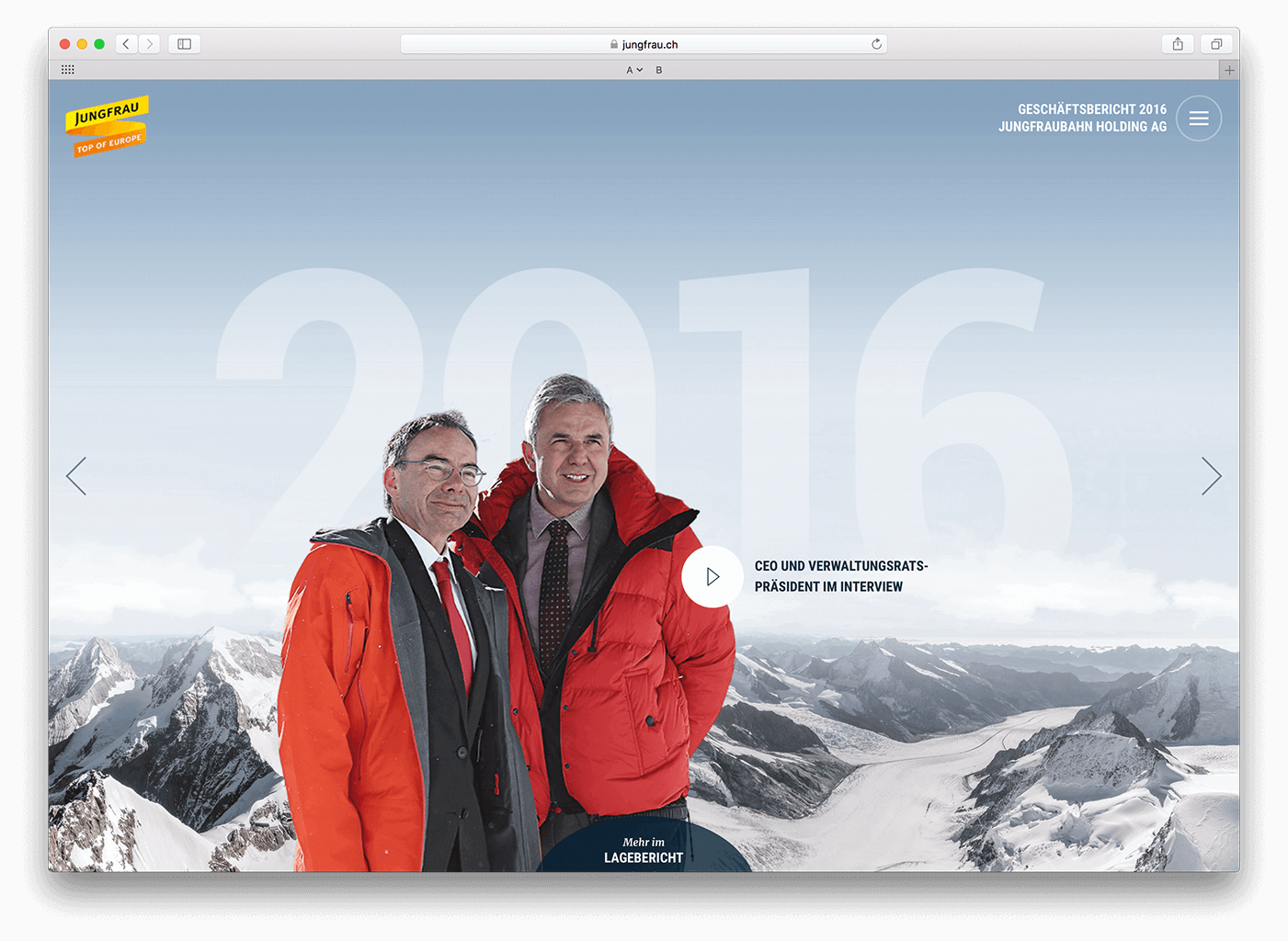 Startbildschirm der Website jungfrau.ch/geschaeftsbericht-2016